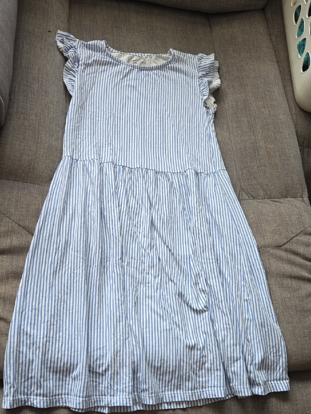 H&M Light Blue & White Striped Ruffle Sleeve Dress